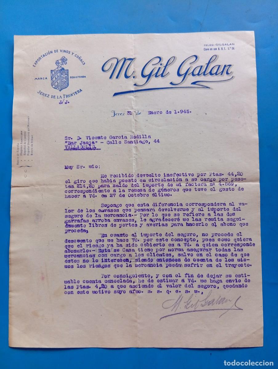 Cartas comerciales: CARTA COMERCIAL. JEREZ DE LA FRONTERA. 1945. EXPORTACI&Oacute;N DE VINOS Y CO&Ntilde;ACS. M. GIL GALAN.