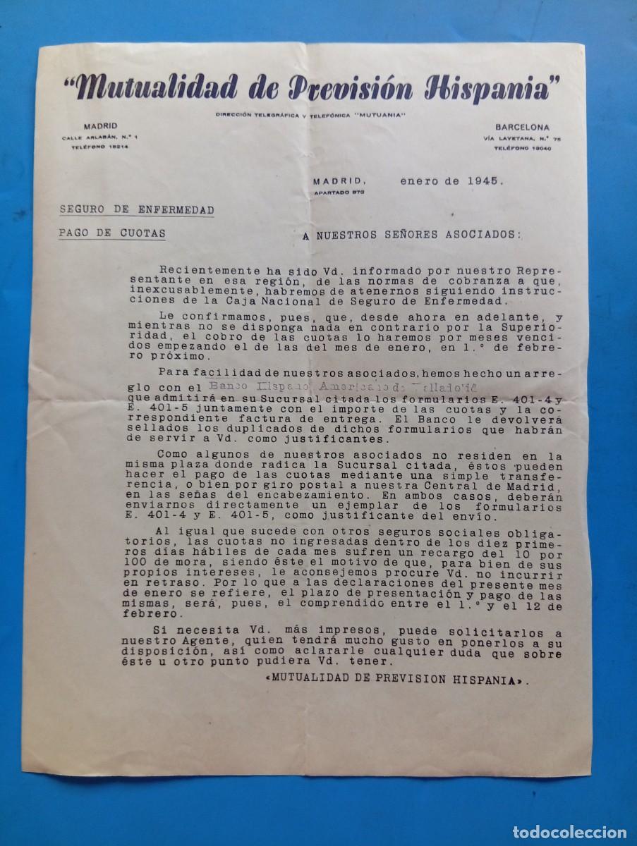 Cartas comerciales: CARTA COMERCIAL. MADRID. 1945. MUTUALIDAD DE PREVISION HISPANIA. SEGURO DE ENFERMEDAD.PAGO DE CUOTAS