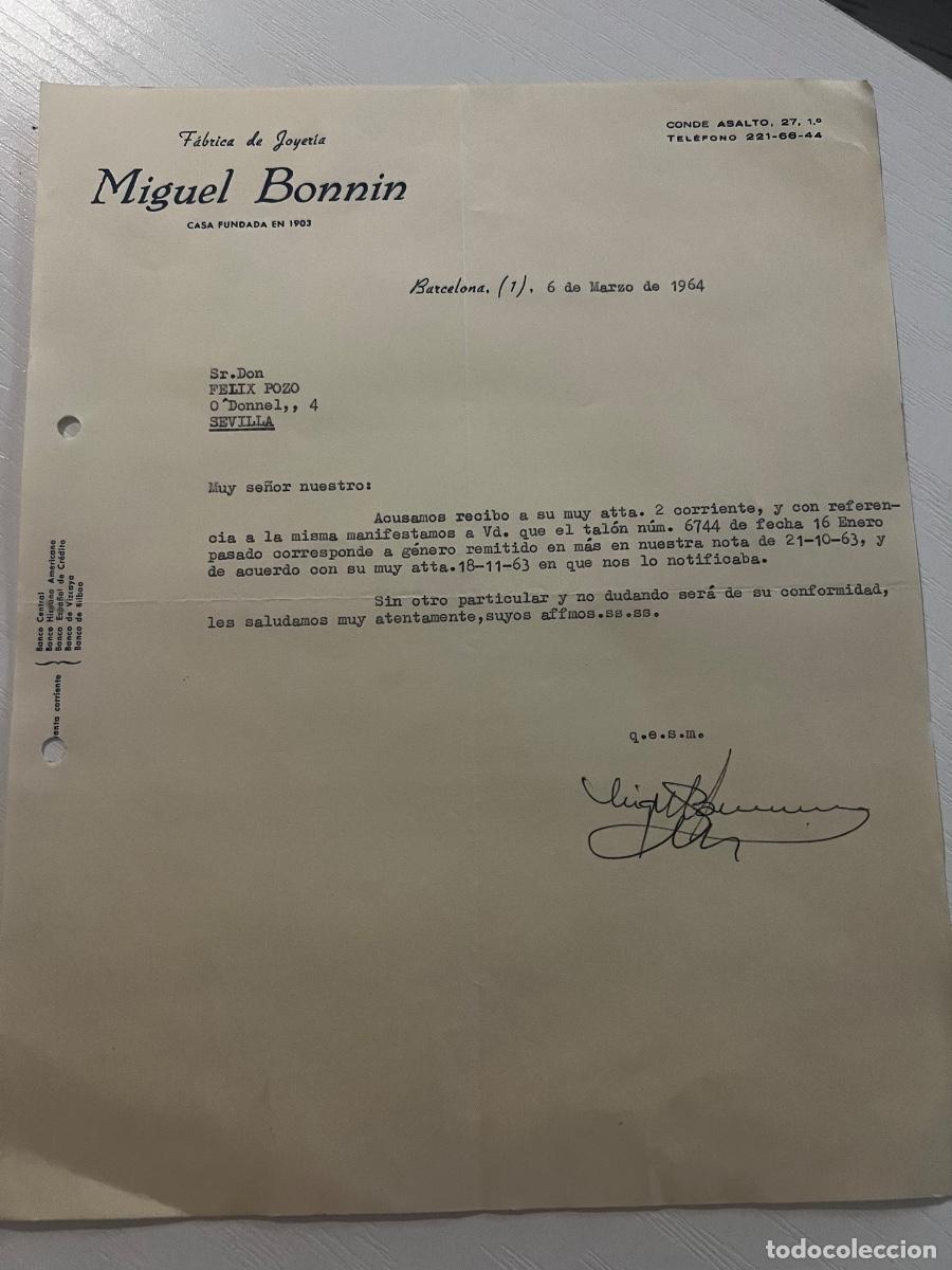 Cartas comerciales: CARTA COMERCIAL. BARCELONA, 1964. MIGUEL BONNIN. F&Aacute;BRICA DE JOYER&Iacute;A.