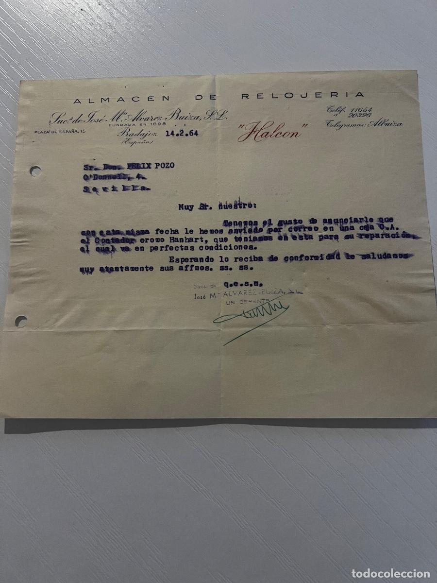 Cartas comerciales: CARTA COMERCIAL. BADAJOZ, 1964. ALMAC&Eacute;N DE RELOJER&Iacute;A. HALC&Oacute;N. JOS&Eacute; MAR&Iacute;A &Aacute;LVAREZ BUIZA.