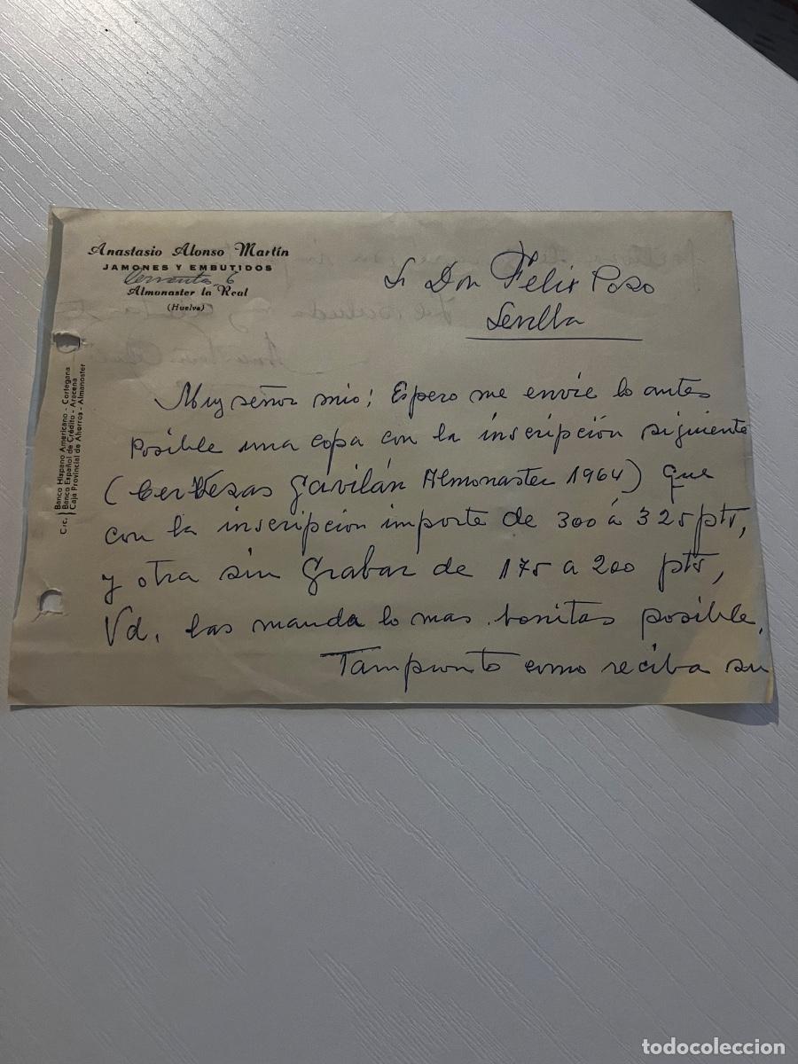Cartas comerciales: CARTA COMERCIAL. ALMONASTER LA REAL, 1964. ANASTASIO ALONSO MART&Iacute;N. JAMONES Y EMBUTIDOS.