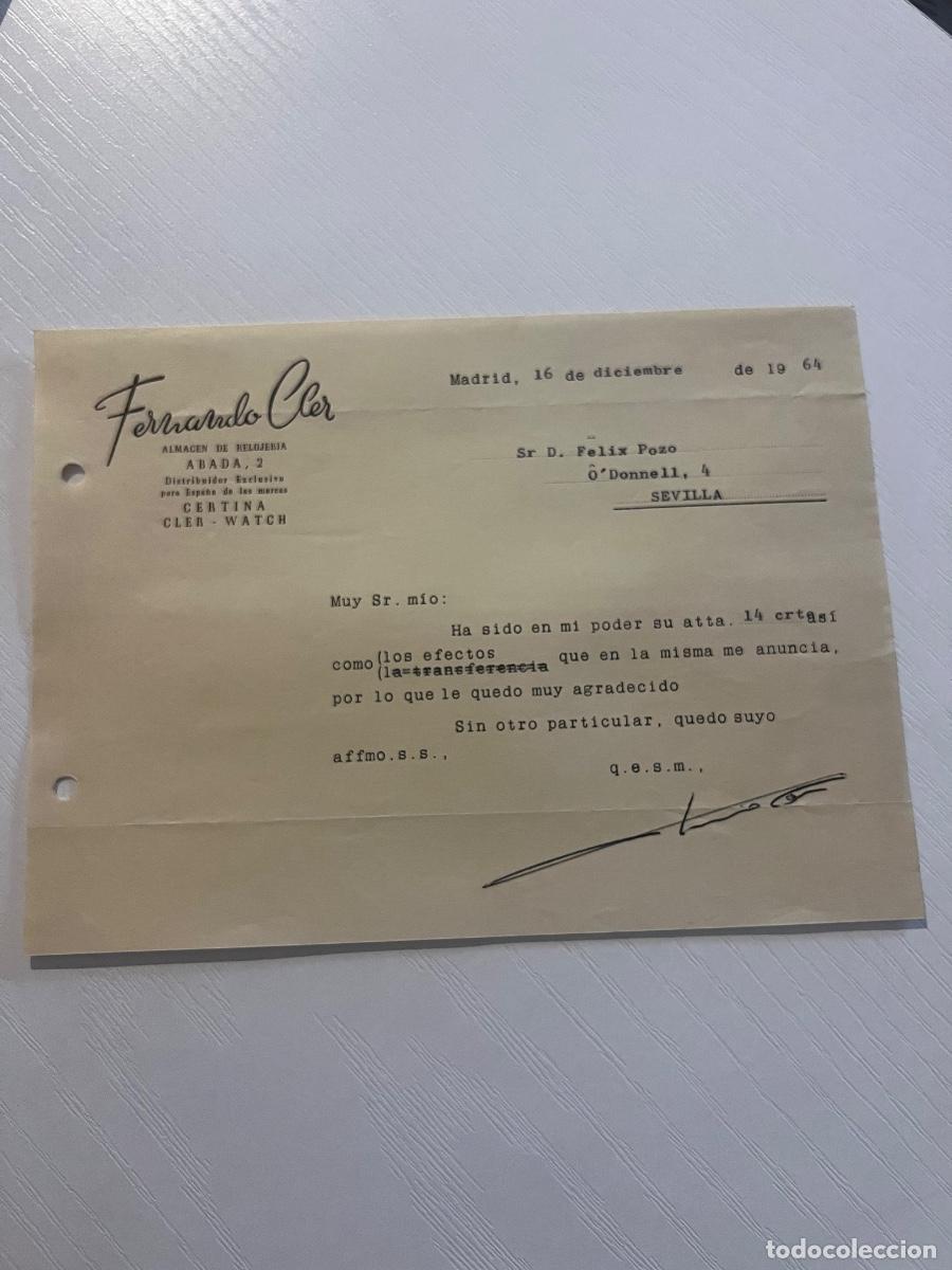 Cartas comerciales: CARTA COMERCIAL. MADRID, 1964. FERNANDO CLER. ALMAC&Eacute;N DE RELOJER&Iacute;A.