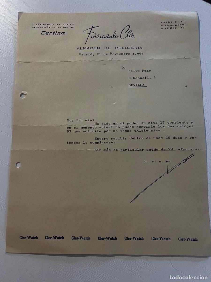 Cartas comerciales: CARTA COMERCIAL. MADRID, 1964. FERNANDO CLER. ALMAC&Eacute;N DE RELOJERIA.