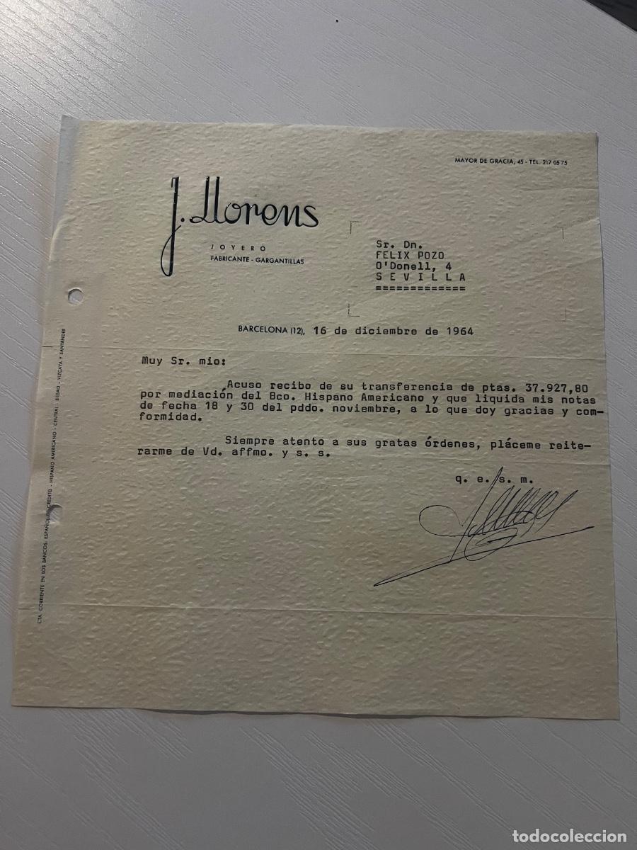 Cartas comerciales: CARTA COMERCIAL. BARCELONA, 1964. J. LLORENS. JOYERO. FABRICANTE-GARGANTILLAS.