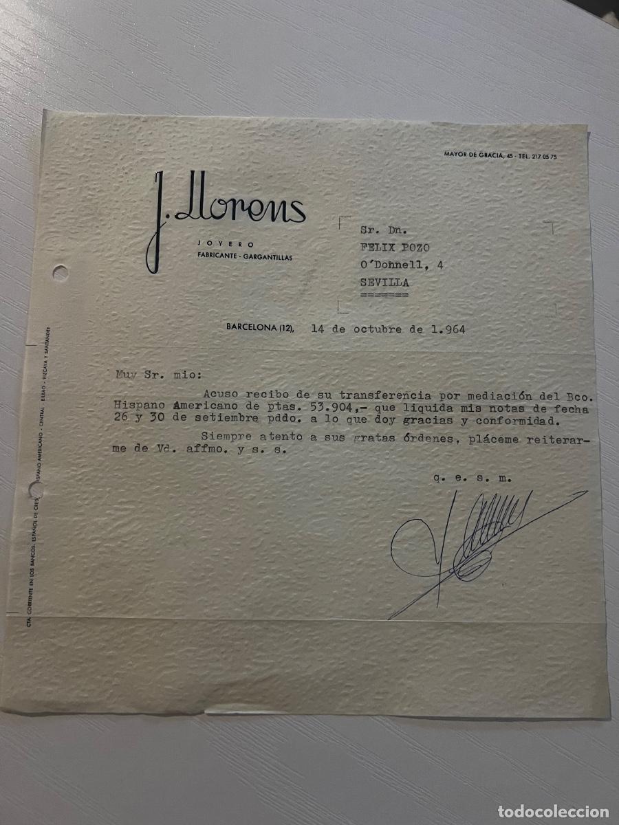 Cartas comerciales: CARTA COMERCIAL. BARCELONA, 1964. J. LLORENS. JOYERO. FABRICANTE-GARGANTILLAS.