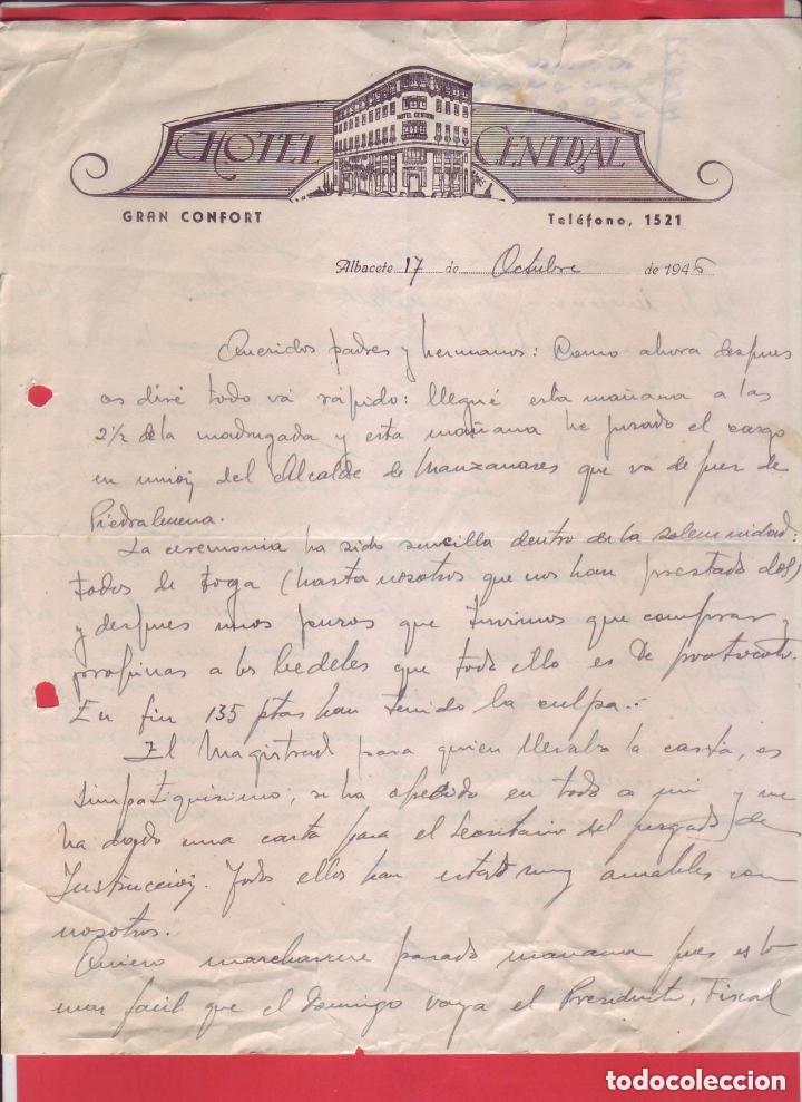 Commercial Letters: Hotel Central Albacete, Gran Confort. A&ntilde;o 1946. Antigua carta comercial o comunicaci&oacute;n con membrete