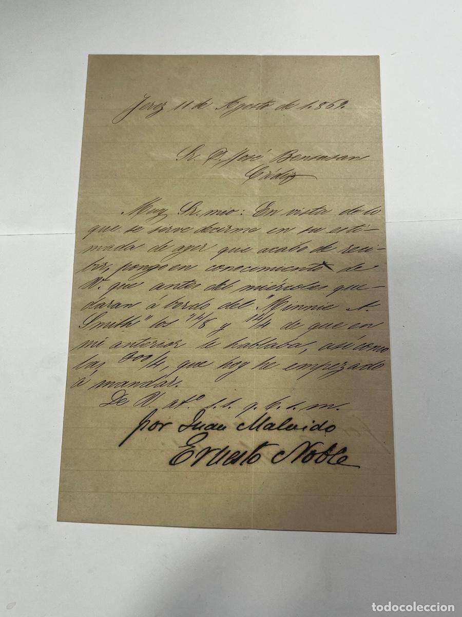 Cartas comerciales: CARTA. 1869. BENSUSAN EN C&Aacute;DIZ A J. MALVIDO EN JEREZ.