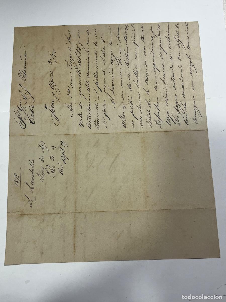 Cartas comerciales: CARTA. 1878. MANUEL CASTILLO DE JEREZ A BENSUSAN EN C&Aacute;DIZ.