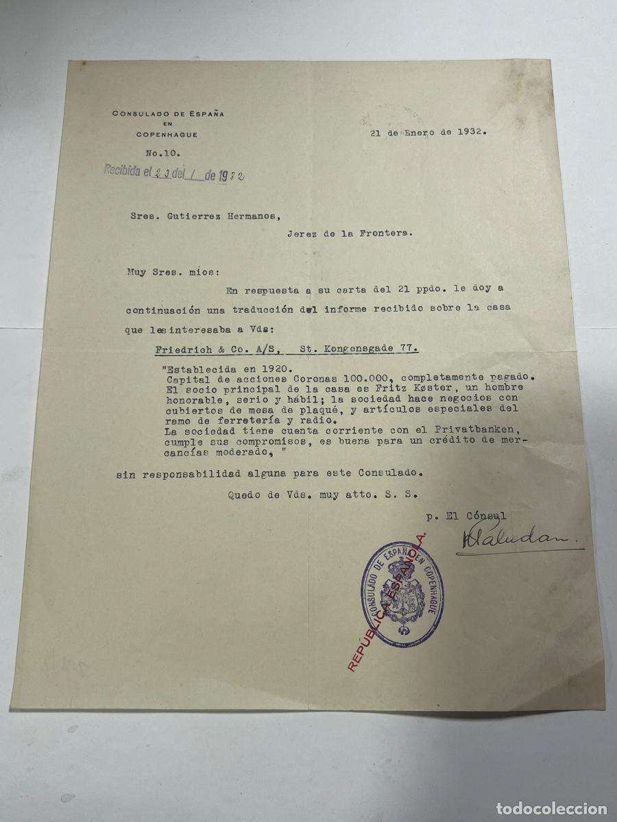 Cartas comerciales: CARTA. CONSULADO ESPA&Ntilde;A COPENHAGUE. REPUBLICA 1932. INFORME DE UNA CASA COMERCIAL.