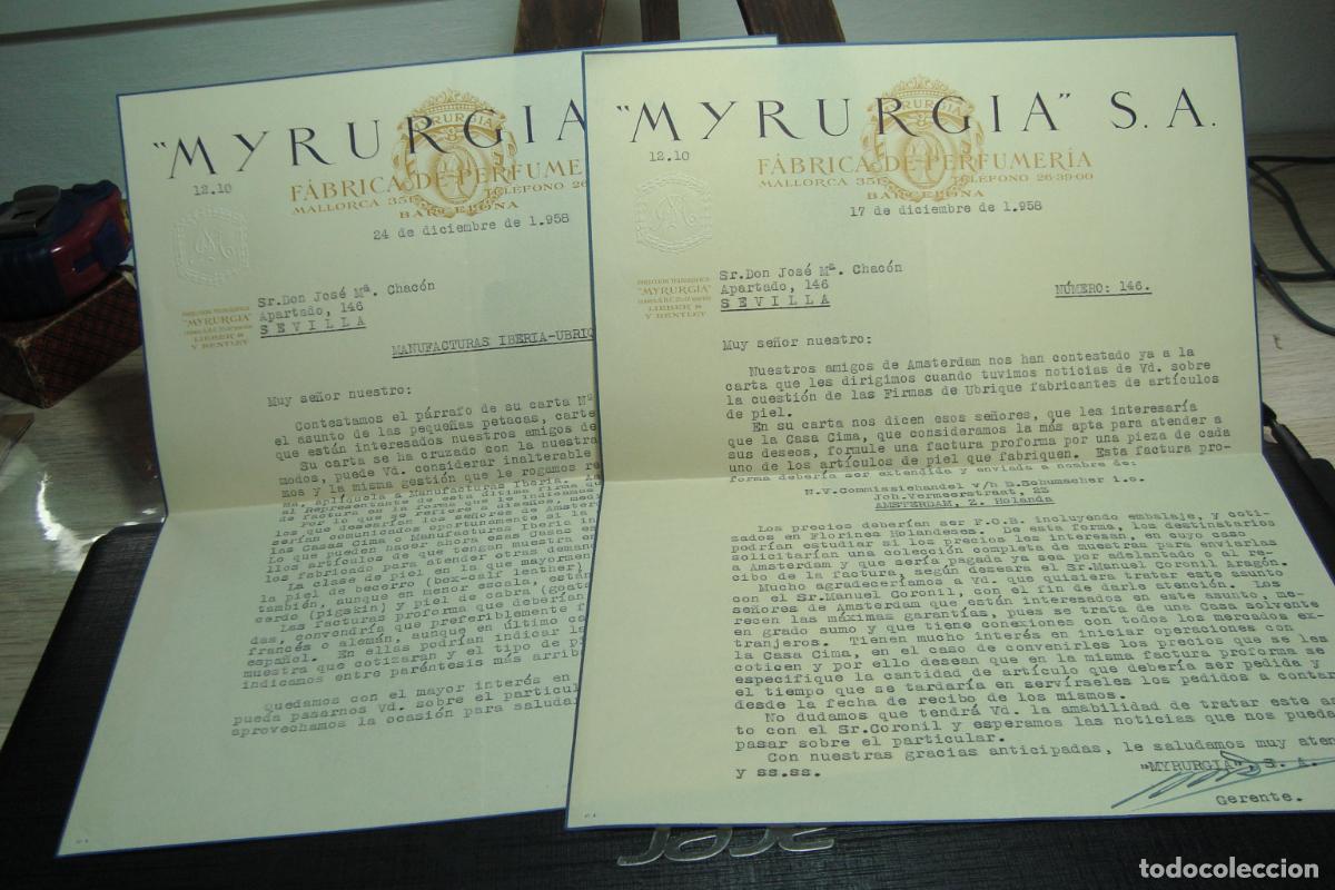 Cartas comerciales: DOS ANTIGUAS CARTAS MYRURGIA S.A FABRICA PERFUMES BARCELONA 1958. FIRMA DEL GERENTE.