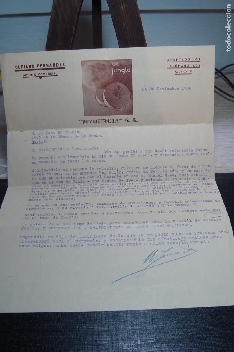 Cartas comerciales: ANTIGUA CARTA ULPIANO FERNANDEZ AGENTE COMERCIAL. POLVOS JUNGLA. MYRURGIA S.A CADIZ 1936.