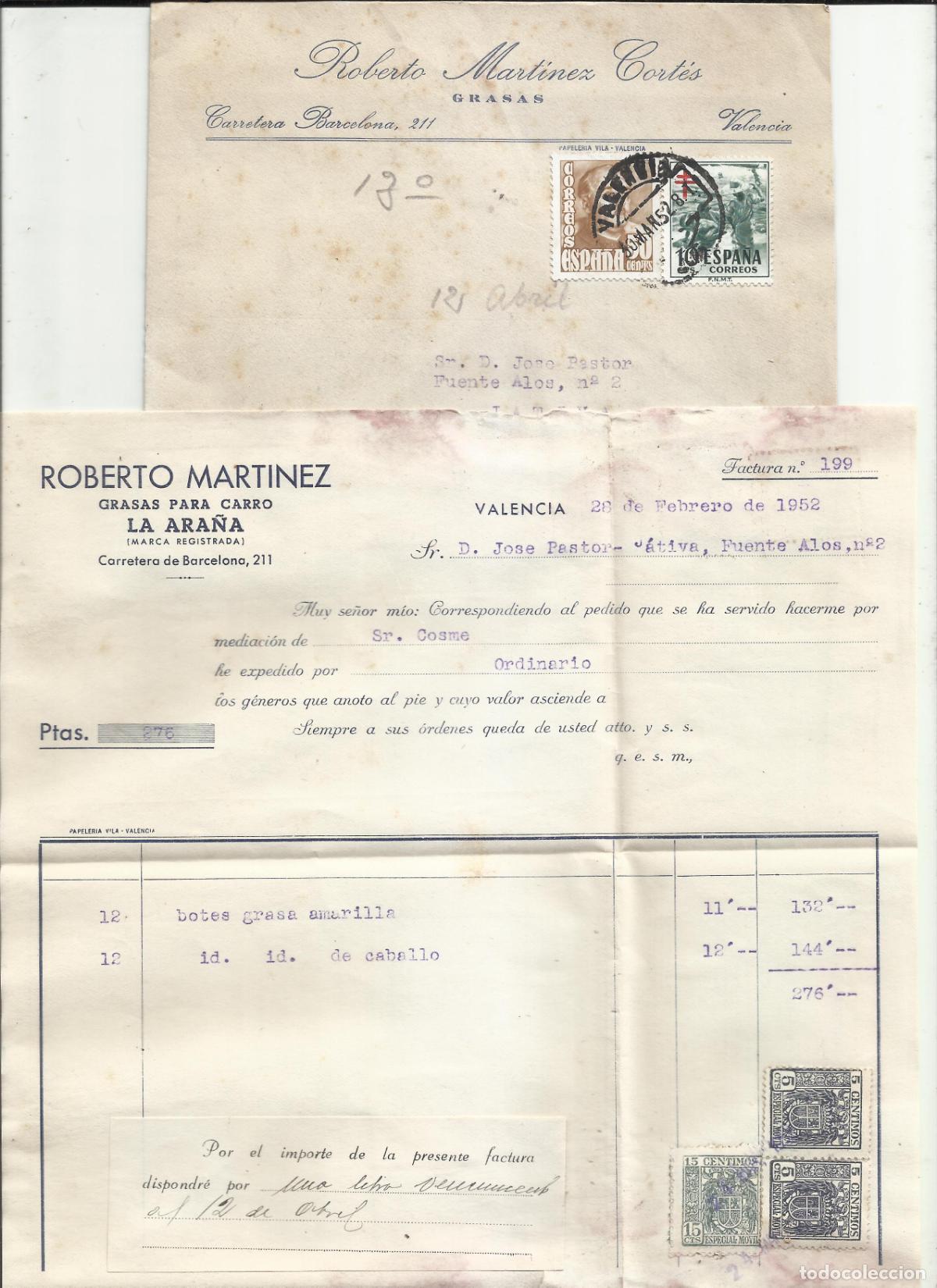 Cartas comerciales: CIRCULADA 1952 DE VALENCIA A XATIVA CON FACTURA Y LETRA GRASA PARA CARROS