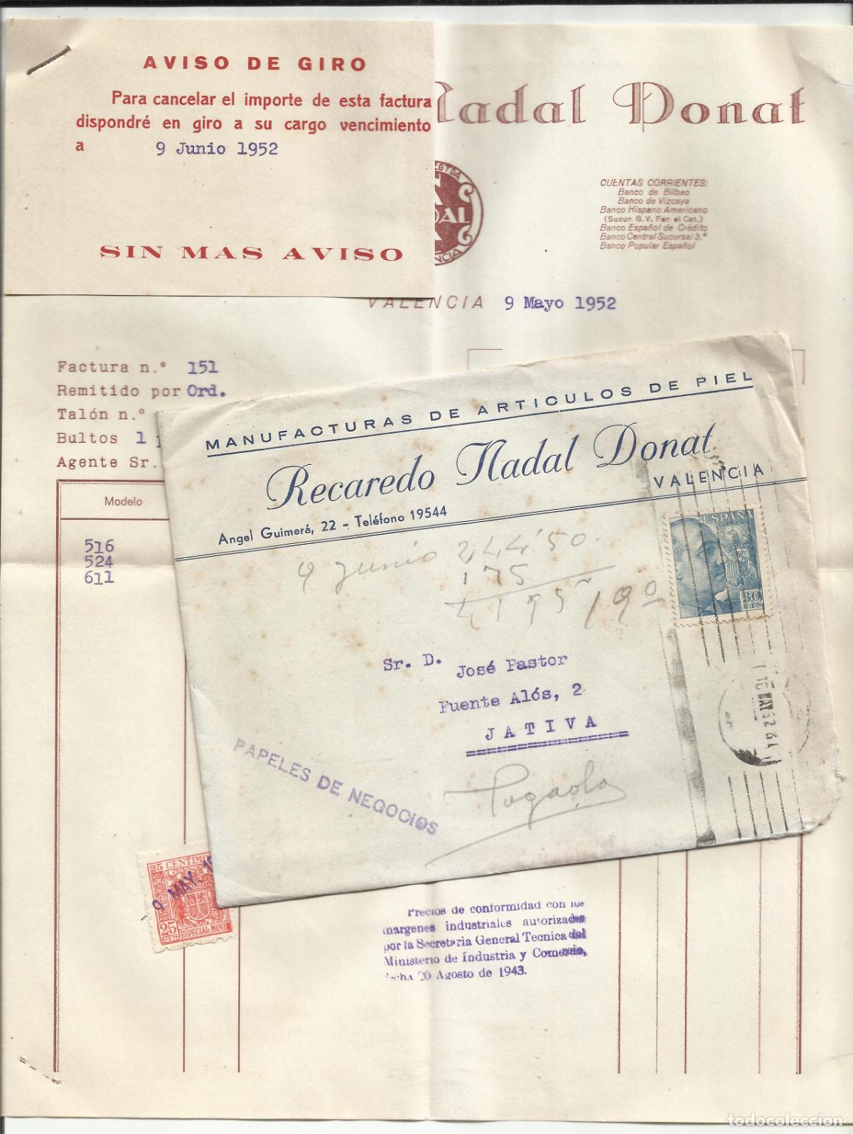 Cartas comerciales: CIRCULADA 1952 DE VALENCIA A XATIVA CON FACTURA Y LETRA BILLETEROS PIEL
