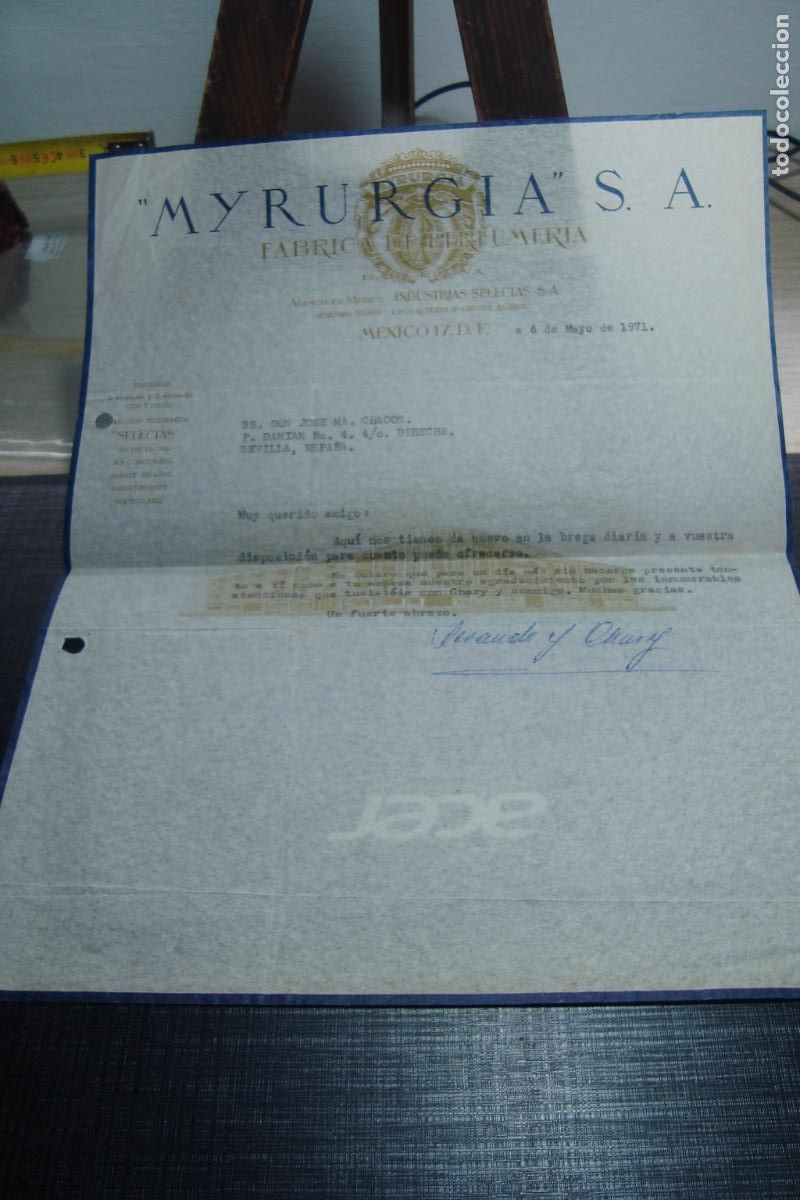 Cartas comerciales: ANTIGUA CARTA MYRURGIA S.A PERFUMERIA. AGENCIA EN MEXICO D.F 1971. GERANDO Y CHARY