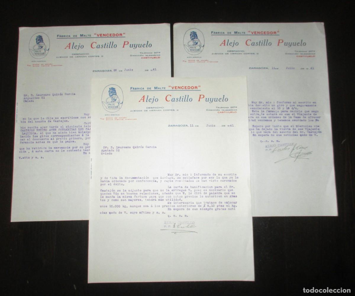 Gesch&auml;ftsbriefe: F&Aacute;BRICA DE MALTE VENCEDOR. ALEJO CASTILLO PUYUELO, ZARAGOZA. 3 CARTAS DE 1941.