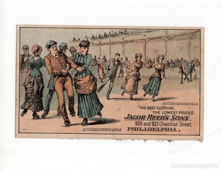 Lettere commerciali: TARJETA COMERCIAL JACOB REED'S SONS, FILADELFIA C.1880. ILUSTRACI&Oacute;N VICTORIANA DE PATINAJE.