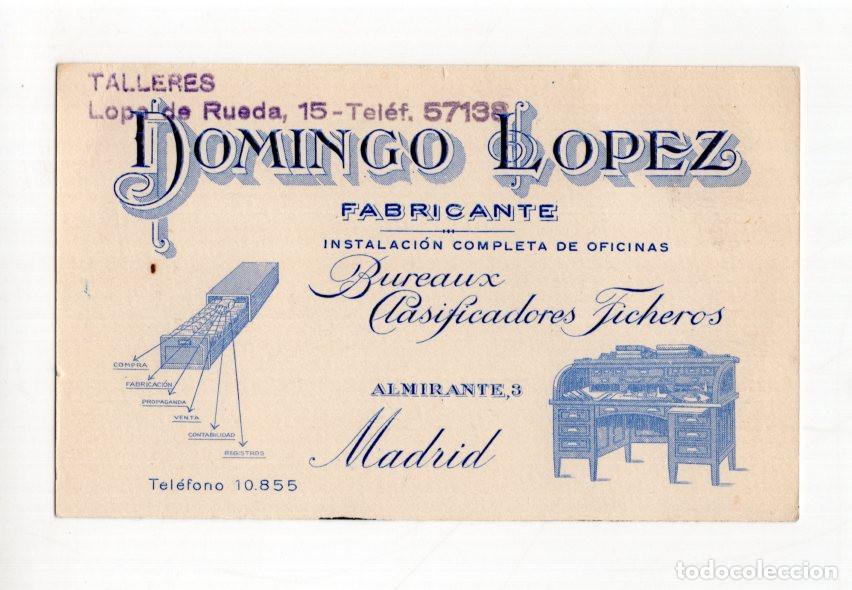Cartas comerciales: TARJETA COMERCIAL, MADRID. PUBLICIDAD DOMINGO LOPEZ, FABRICANTE DE MUEBLES OFICINA E INSTALACIONES