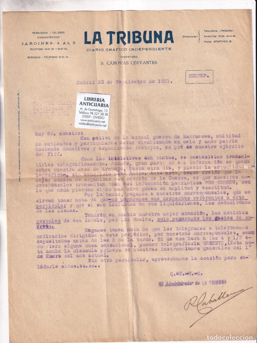 Lettres commerciales: LA TRIBUNA. DIARIO GR&Aacute;FICO INDEPENDIENTE. 1921. A LOS CORRESPONSALES, GUERRA DE MARRUECOS