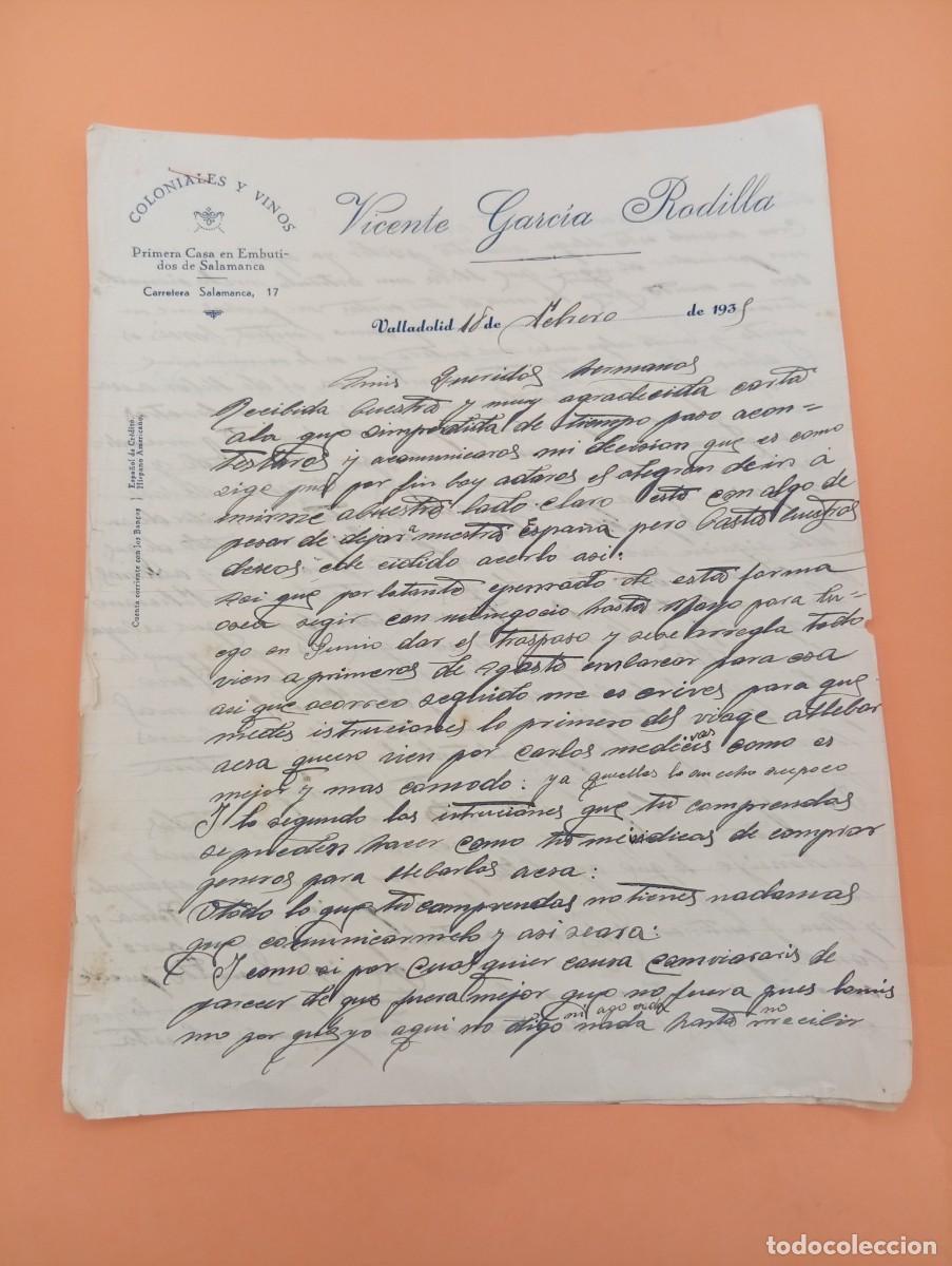 Cartas comerciales: CARTA COMERCIAL. VALLADOLID. 1935. COLONIALES Y VINOS. VICENTE GARCIA RODILLA. 2 HOJAS.