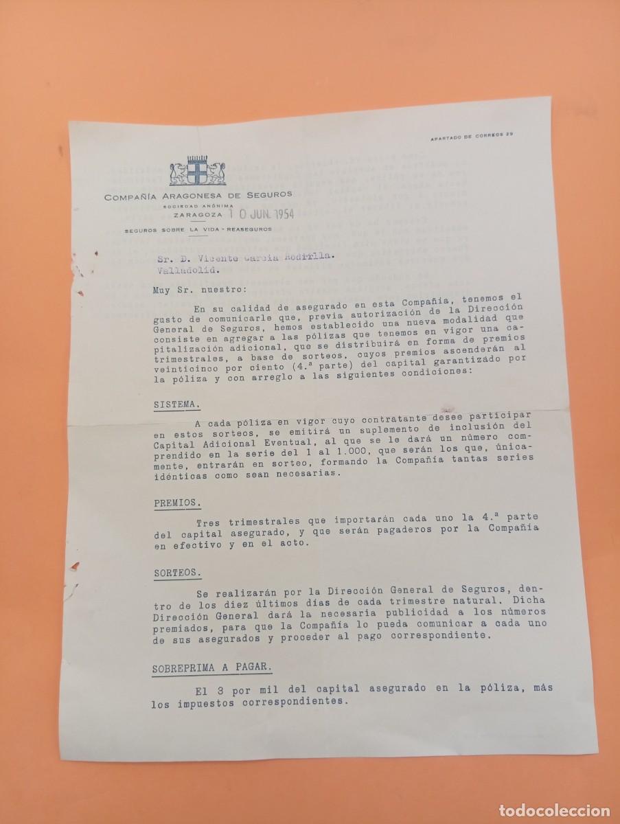 Cartas comerciales: CARTA COMERCIAL. ZARAGOZA. 1954. COMPA&Ntilde;IA ARAGONESA DE SEGUROS,S.A. SEGUROS SOBRE LA VIDA-REASEGUROS - Foto 1
