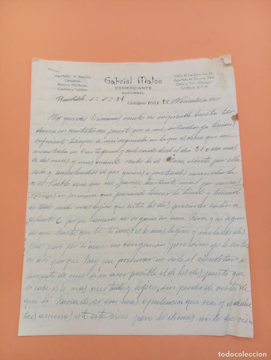 Lettere commerciali: CARTA COMERCIAL. CARTAGENA. 1930. IMPORTADOR DE ESPEJOS-LAMPARAS-RELOJES.. ETC. GABRIEL MATOS. 2 HOJ