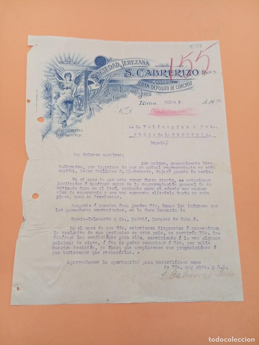 Cartas comerciais: CARTA COMERCIAL. LIMA, PERU. 1920. GRAN DEPOSITO DE CORCHOS. VINOS LEGITIMOS DE JEREZ.