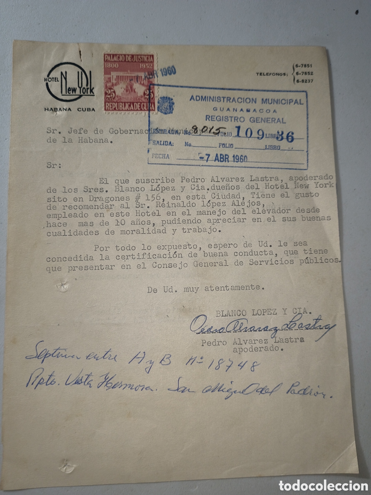 Cartas comerciales: Cuba,carta del apoderado due&ntilde;os del Hotel New York,Habana,a&ntilde;o 1960.