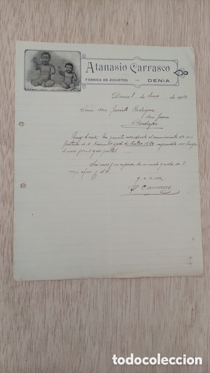 Cartas comerciales: ANTIGUA FACTURA ATANASIO CARRASCO FABRICA JUGUETES DENIA 1920