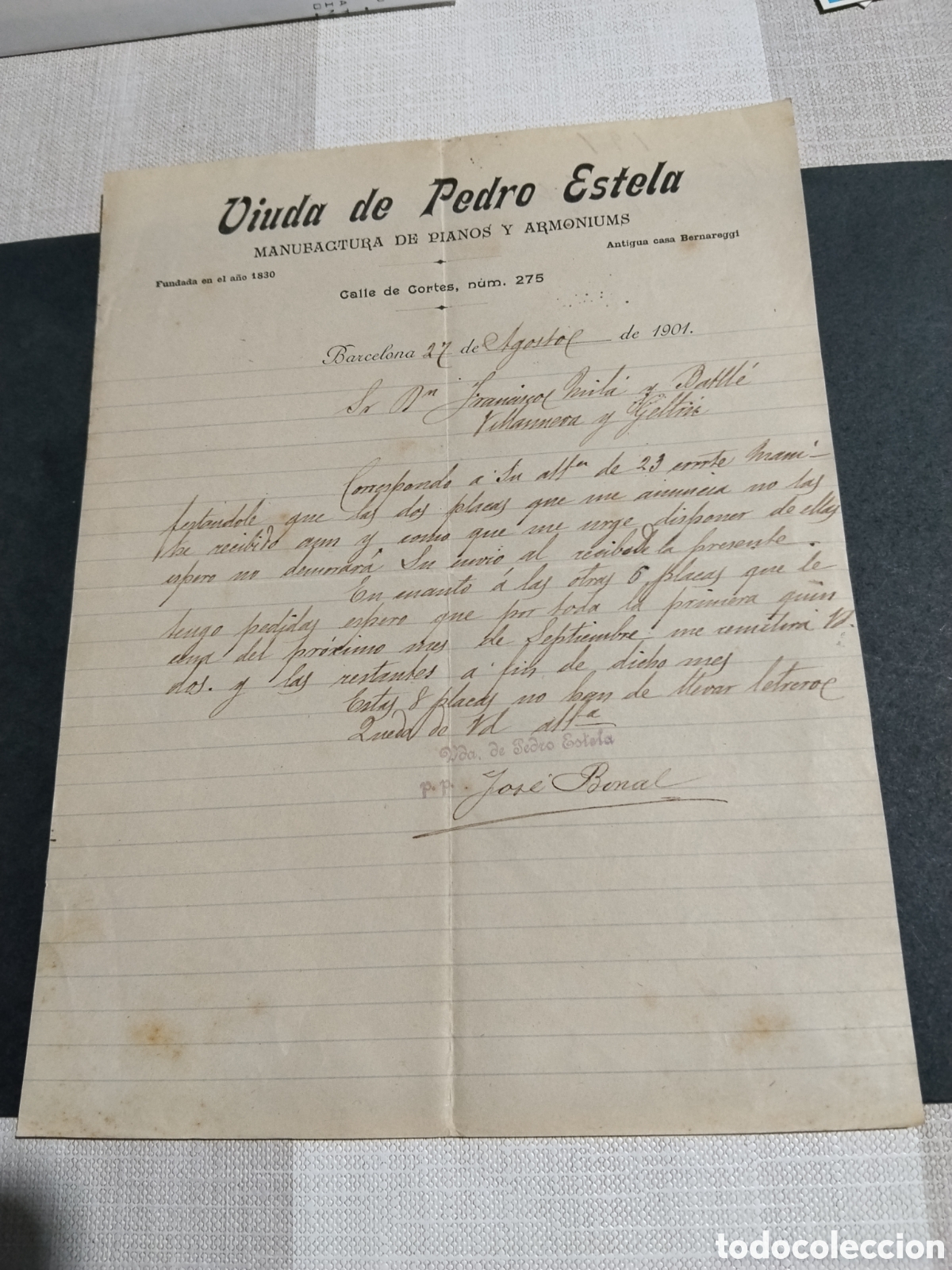 Cartas comerciales: Carta comercial antigua Viuda de Pedro Estela, manufactura y pianos y Armoniums, Barcelona 1901