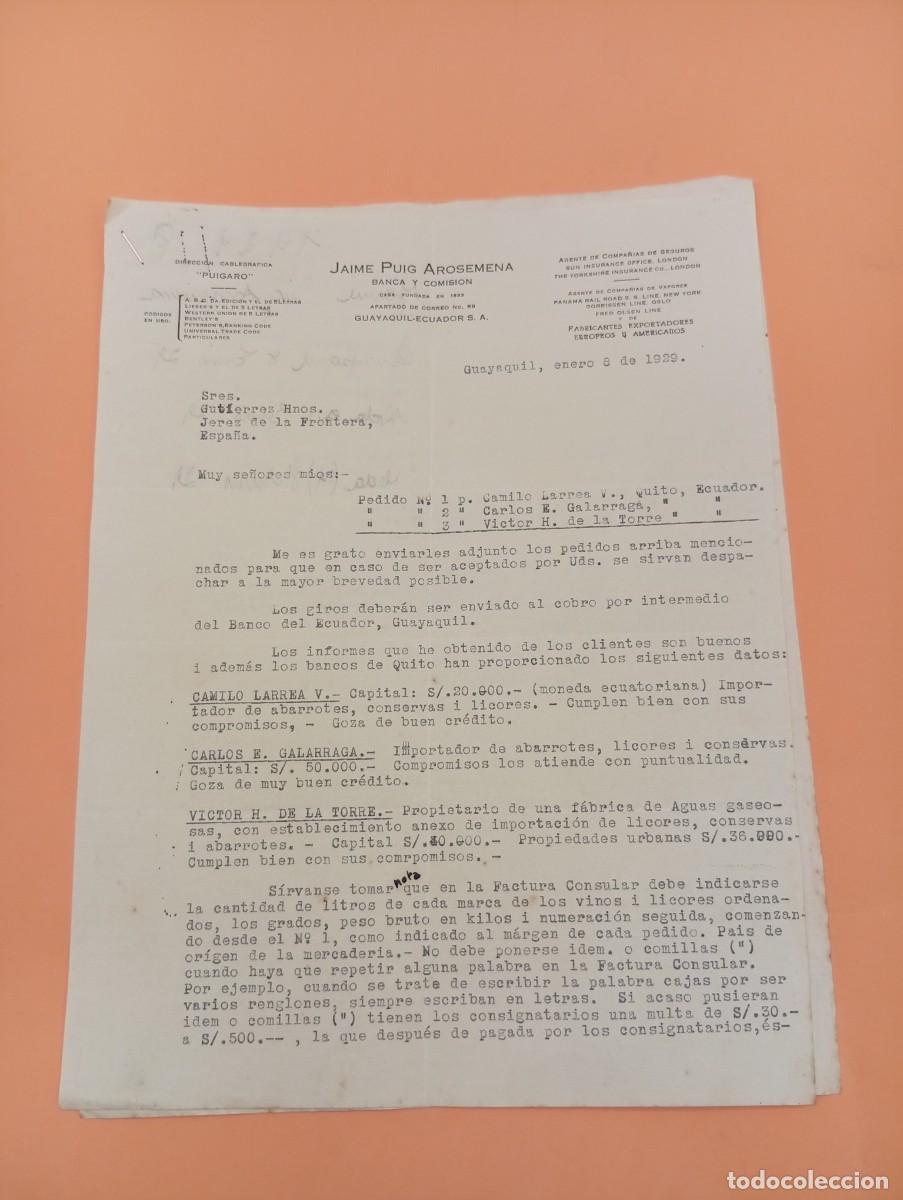 Cartas comerciales: CARTA COMERCIAL. GUAYAQUIL, ECUADOR. 1929. JAIME PUIG AROSEMENA. BANCA Y COMISION. 2 HOJAS.