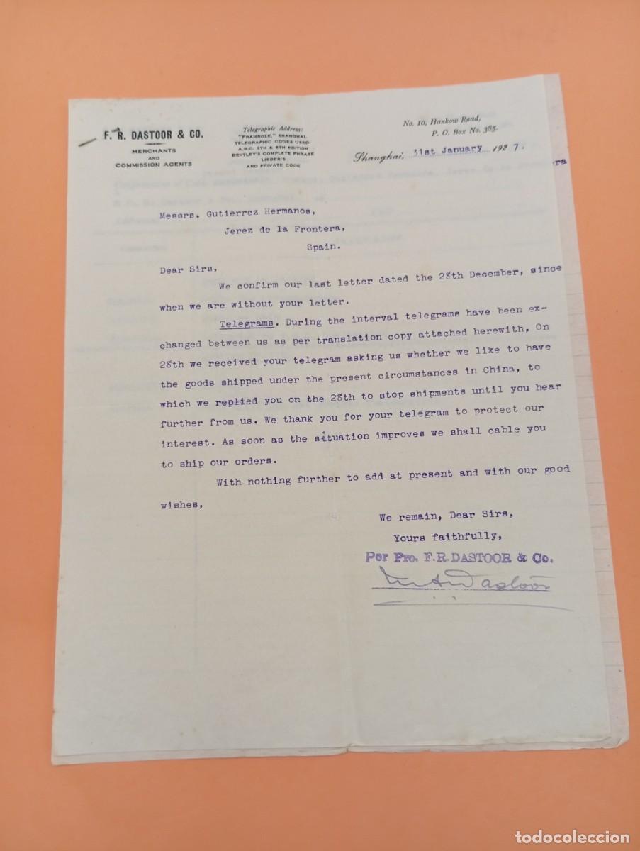 Cartas comerciales: CARTA COMERCIAL. SHANGHAI. 1927. F. R. DASTOOR & CO. MERCHANTS AND COMMISSION AGENTS. 2 HOJAS.