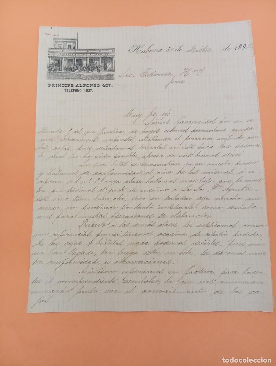 Cartas comerciales: CARTA COMERCIAL. HABANA, CUBA. 1892. TRES PALACIOS Y ALDABO. DE LICORES E IMPORTADORES DE VINOS. 2HJ