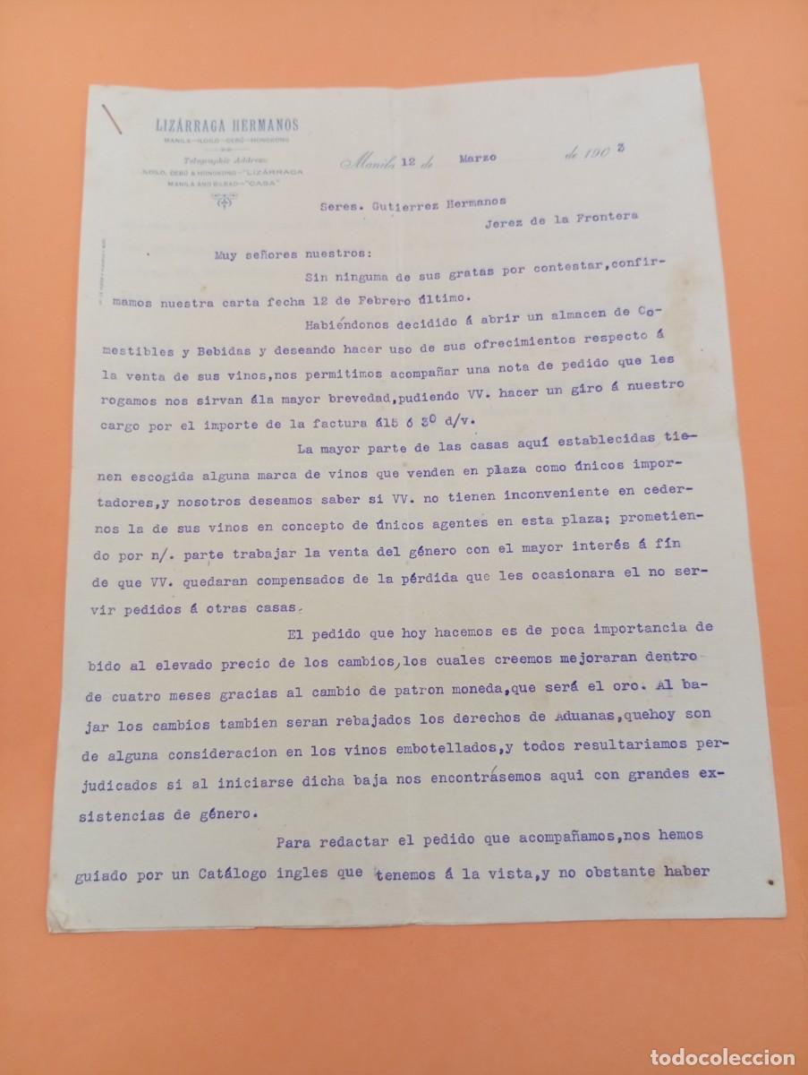 Cartas comerciales: CARTA COMERCIAL. MANILA, FILIPINAS. 1903. LIZ&Aacute;RRAGA HERMANOS. 2 HOJAS.
