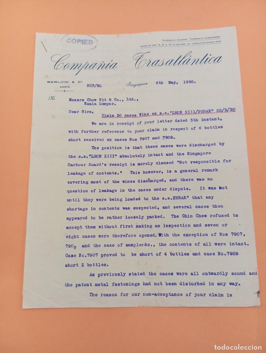Cartas comerciales: CARTA COMERCIAL. SINGAPORE. 1930. COMPA&Ntilde;IA TRASATLANTICA. BARLOW & C&ordm;. 2 HOJAS.