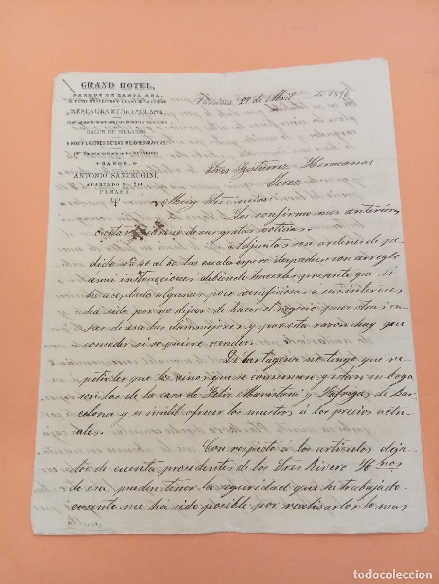 Cartas comerciales: CARTA COMERCIAL. PANAM&Aacute;. 1896. GRAND HOTEL. PARQUE DE SANTA ANA. ANTONIO SANTEUGINI. 2 HOJAS.