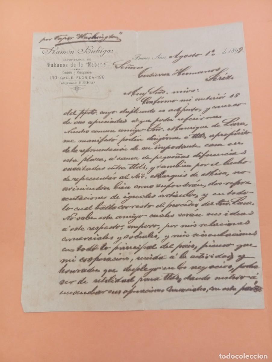 Cartas comerciales: CARTA COMERCIAL. BUENOS AIRES. 1899. IMPORTADOR DE TABACOS DE LA HABANA. RAMON BUHIGAS. 2 HOJAS.