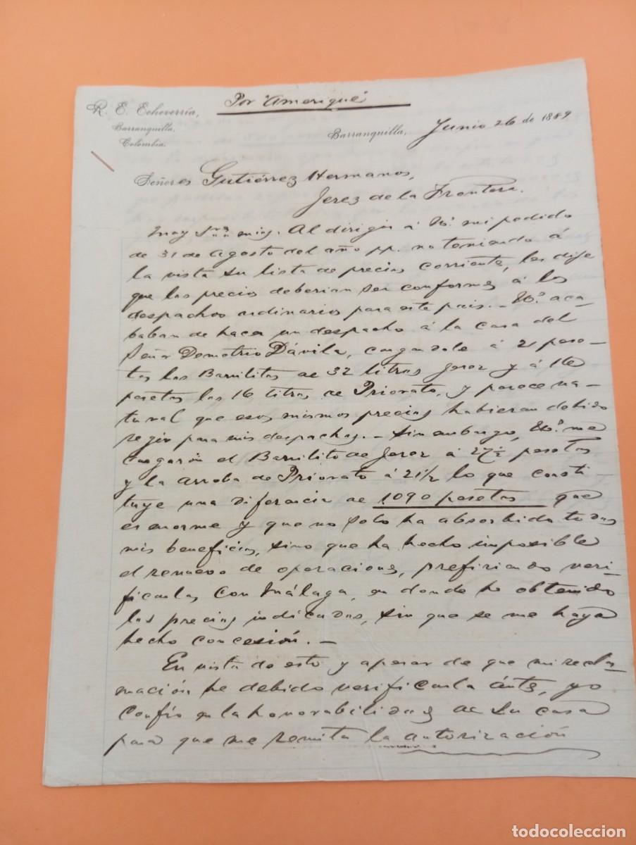 Cartas comerciales: CARTA COMERCIAL. BARRANQUILLA, COLOMBIA. 1889. R. E. ECHEVERR&Iacute;A. 2 HOJAS.
