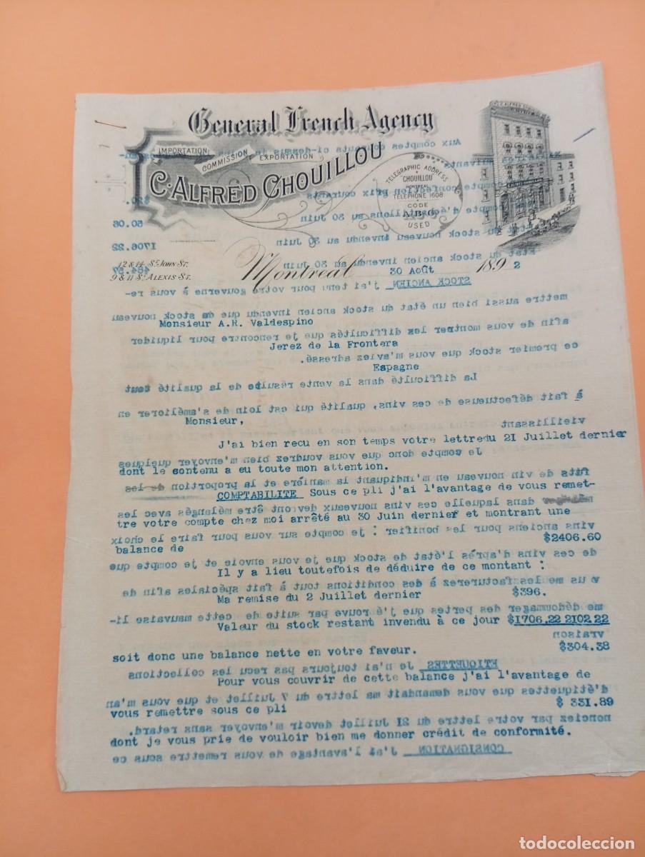 Cartas comerciales: CARTA COMERCIAL. MONTREAL, QUEBEC, CANADA. 1892. C. ALFRED CHOUILLOU. GENERAL FRENCH AGENCY. 2 HOJAS