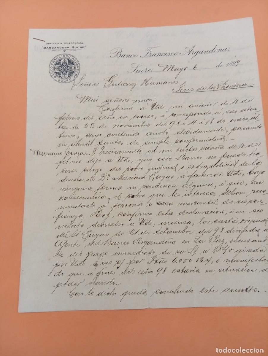 Cartas comerciales: CARTA COMERCIAL. SUCRE, BOLIVIA. 1899. BANCO FRANCISCO ARGANDO&Ntilde;A. 2 HOJAS.