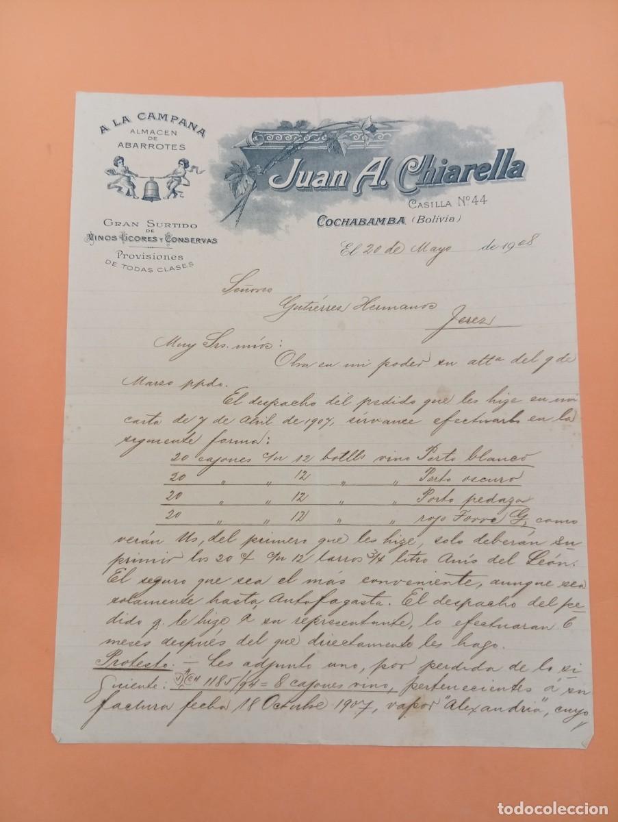 Cartas comerciales: CARTA COMERCIAL. COCHABAMBA, BOLIVIA. 1910. ALMACEN DE BARROTES. JUAN A. CHIARELLA.