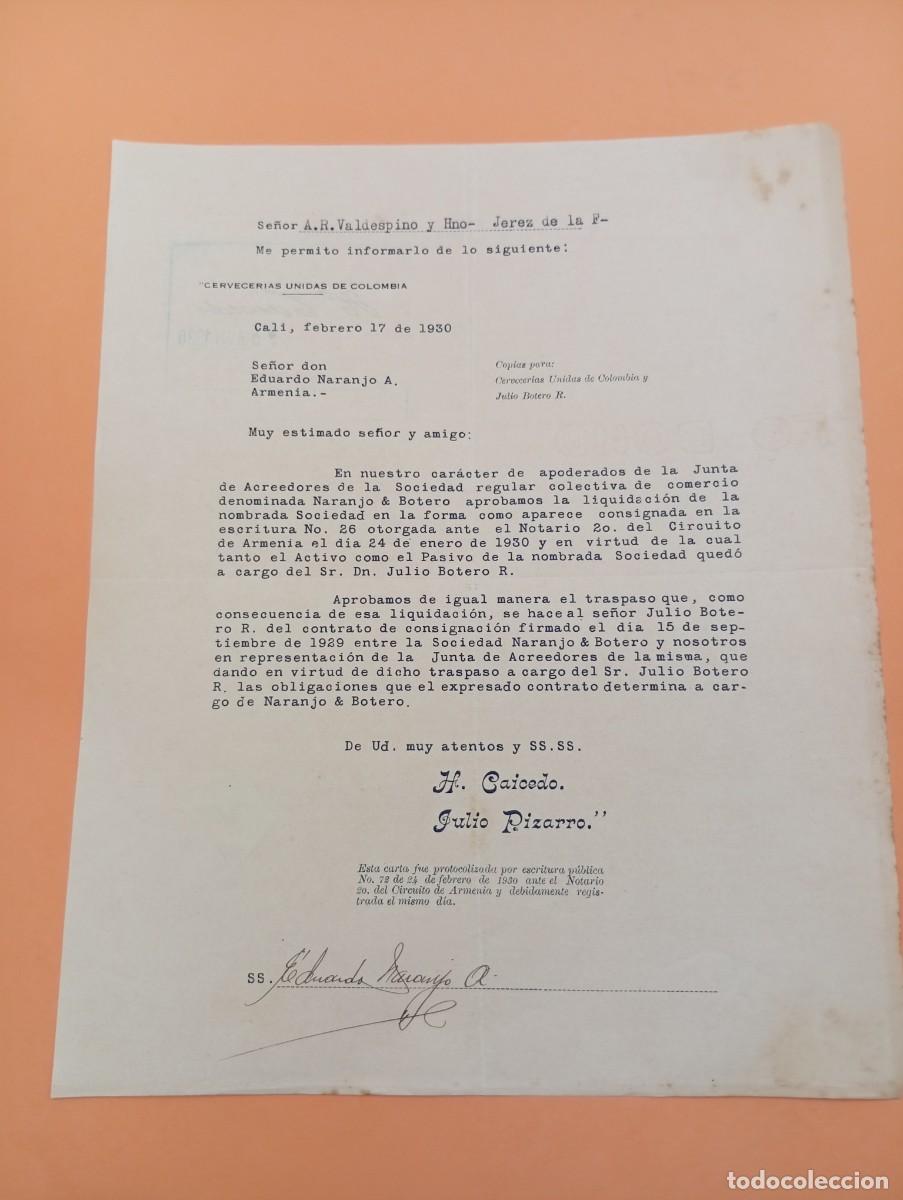 Cartas comerciales: CARTA COMERCIAL. CALI, COLOMBIA. 1930. CERVECERIAS UNIDAS DE COLOMBIA.
