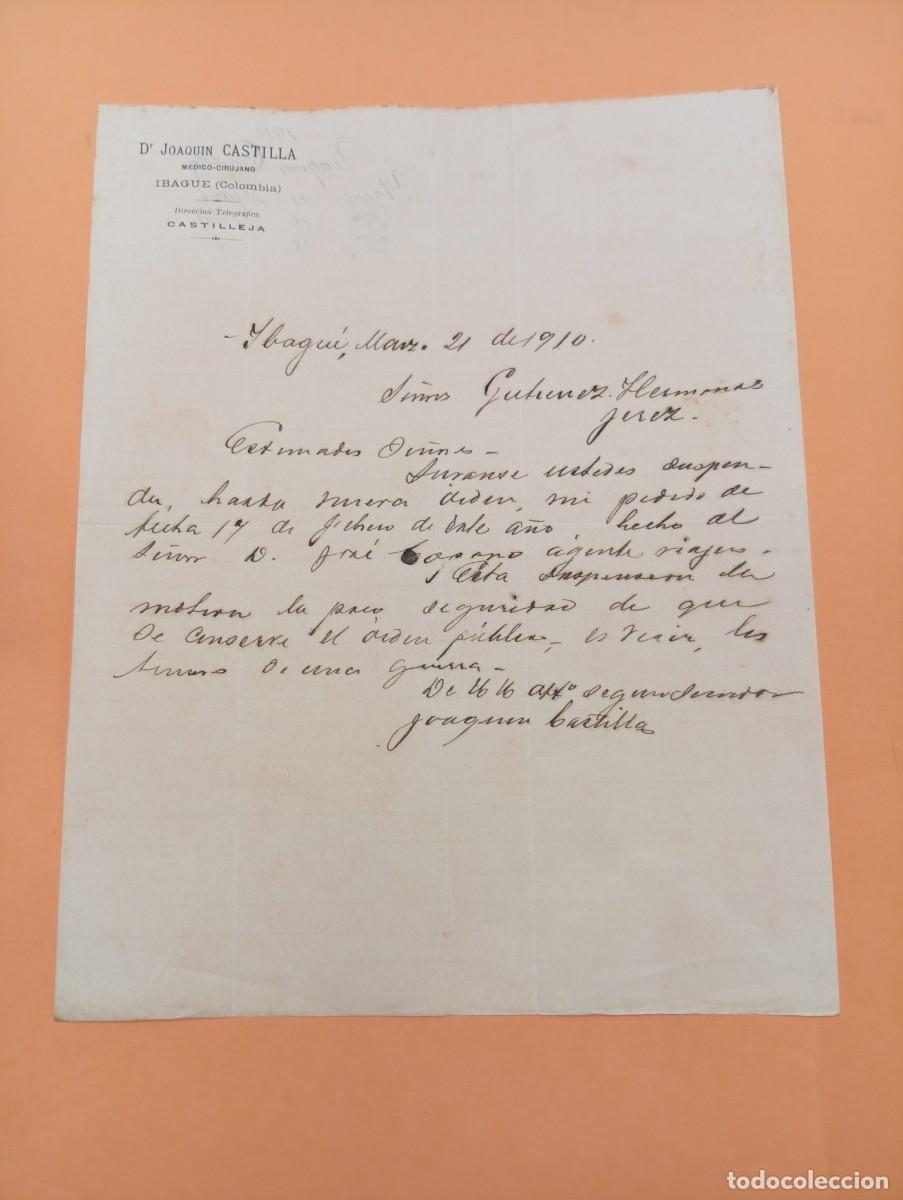 Cartas comerciales: CARTA COMERCIAL. IBAGUE, COLOMBIA. 1910. MEDICO-CIRUJANO. DR. JOAQUIN CASTILLA.