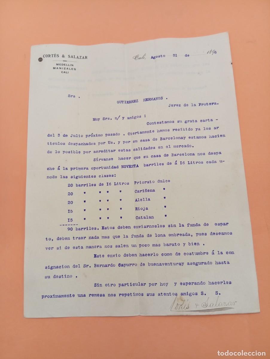 Cartas comerciales: CARTA COMERCIAL. CALI, COLOMBIA. 1896. CORT&Eacute;S & SALAZAR. 2 HOJAS.