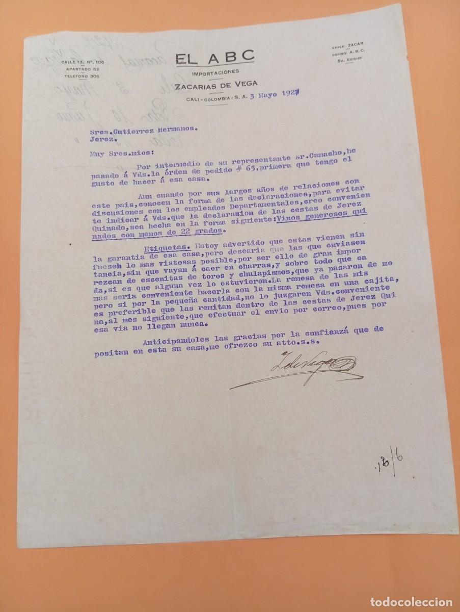 Cartas comerciales: CARTA COMERCIAL. CALI, COLOMBIA. 1927. EL ABC. IMPORTACIONES. ZACARIAS DE VEGA.