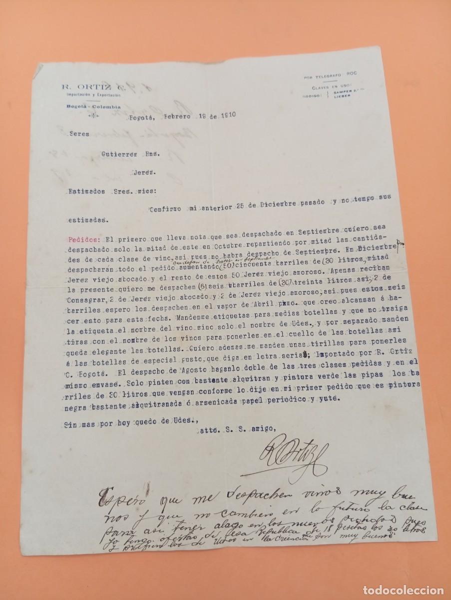 Cartas comerciales: CARTA COMERCIAL. BOGOTA, COLOMBIA. 1910. IMPORTACION Y EXPORTACION. R. ORTIZ C.