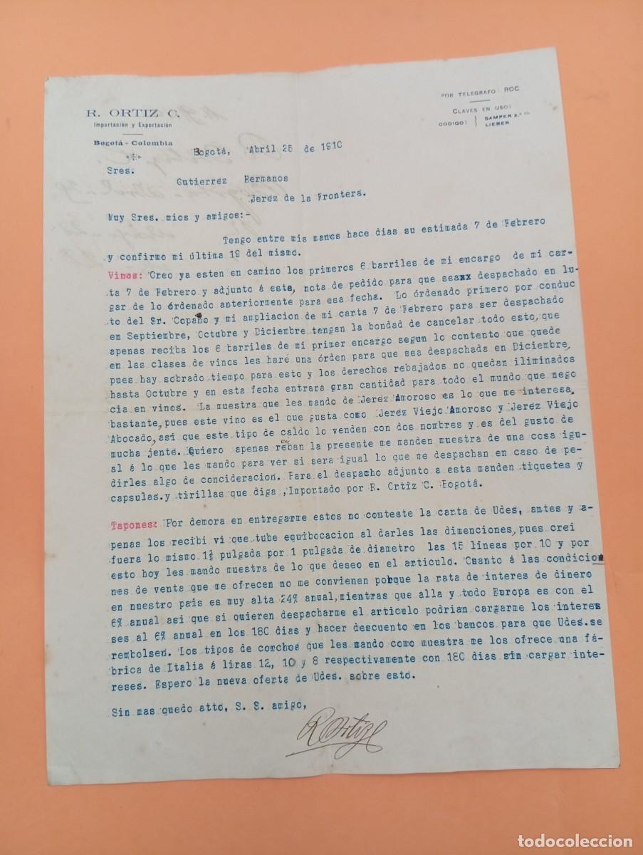 Cartas comerciales: CARTA COMERCIAL. BOGOTA, COLOMBIA. 1910. IMPORTACION Y EXPORTACION. R. ORTIZ C.