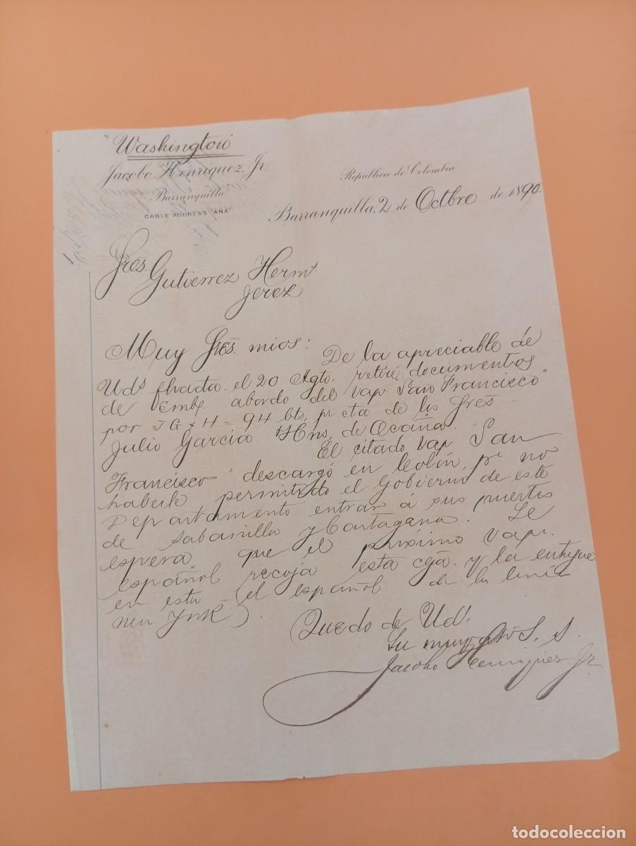 Cartas comerciales: CARTA COMERCIAL. BARRANQUILLA, COLOMBIA. 1890. JACOBO HENRIQUEZ.