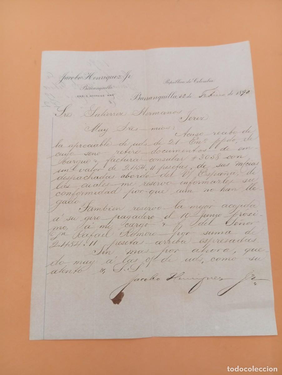 Cartas comerciales: CARTA COMERCIAL. BARRANQUILLA, COLOMBIA. 1890. JACOBO HENRIQUEZ.