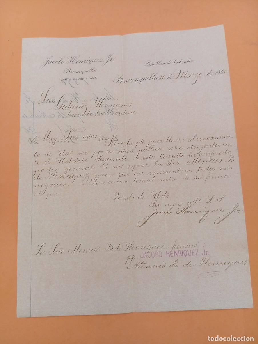 Cartas comerciales: CARTA COMERCIAL. BARRANQUILLA, COLOMBIA. 1890. JACOBO HENRIQUEZ.