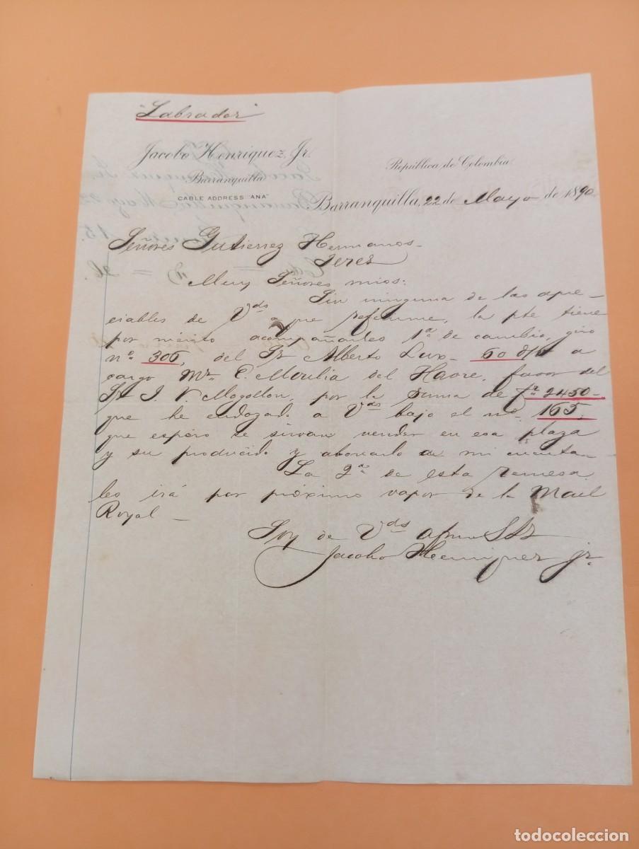 Cartas comerciales: CARTA COMERCIAL. BARRANQUILLA, COLOMBIA. 1890. JACOBO HENRIQUEZ.